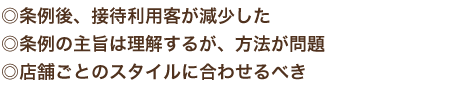 ◎条例後、接待利用客が減少した　条例の主旨は理解するが、方法が問題　店舗ごとのスタイルに合わせるべき